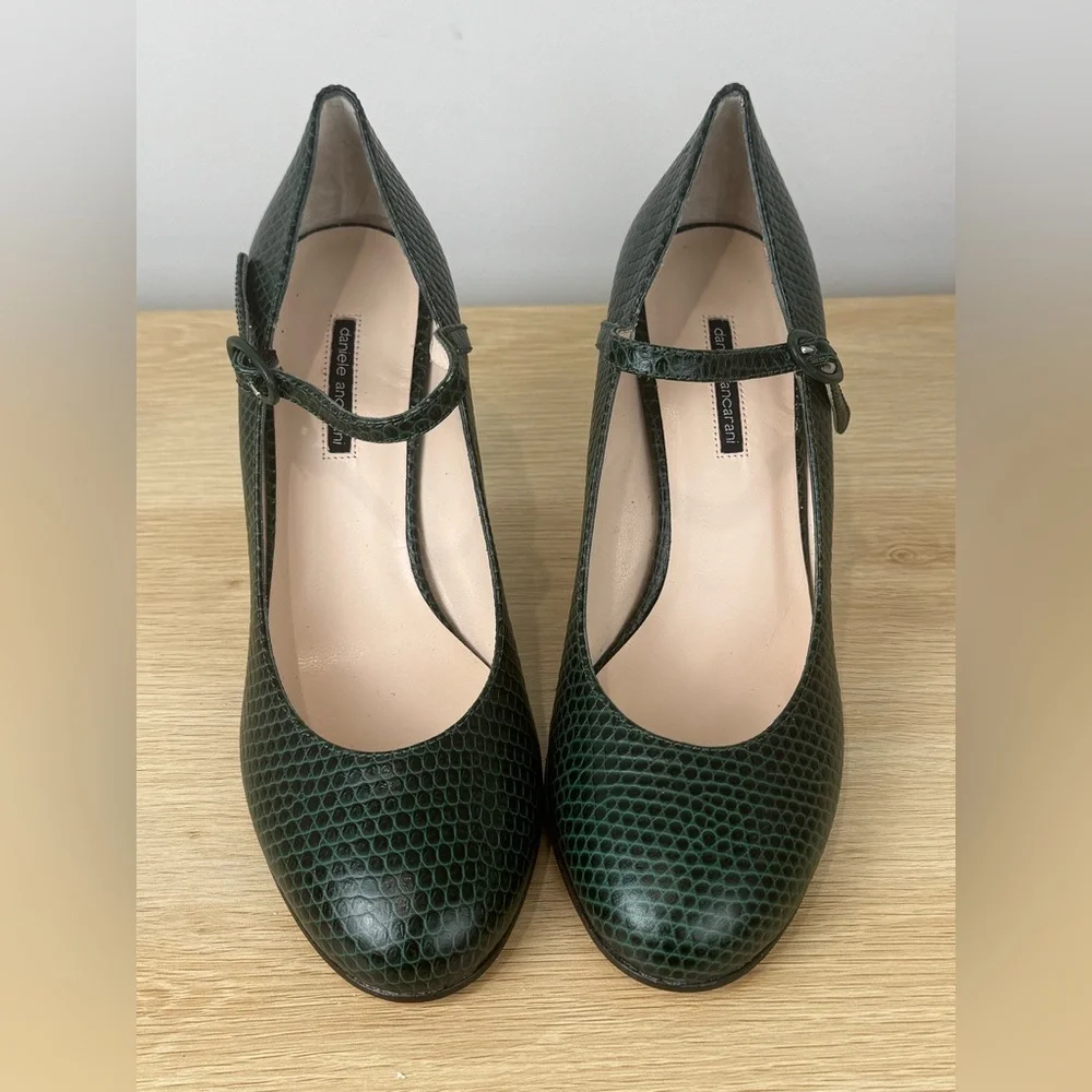 Vintage Daniele Ancarani Green Snake Embossed Heels Strap Buckle 38.5 Women's 8 - Picture 3 of 13